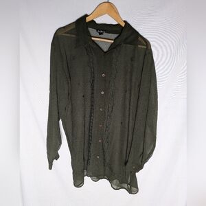 La Femme Olive Green Sheet Tunic Button Long Sleeve Blouse Size 3X